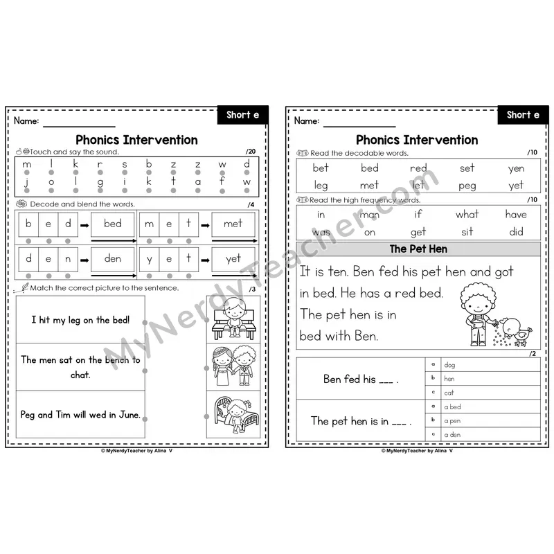 Editable Phonics Intervention Worksheet — Short e (Preview)