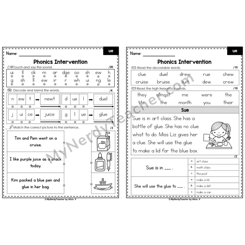 Editable Phonics Intervention Worksheet — Other Vowel Teams - ue (Preview)