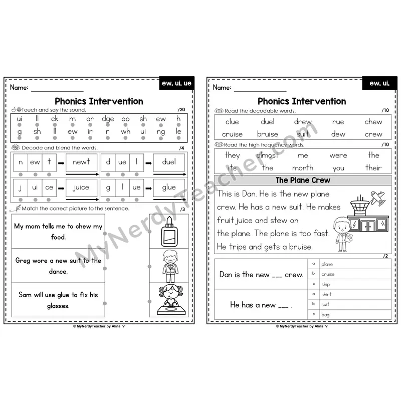 Editable Phonics Intervention Worksheet — Other Vowel Teams - ew, ui, ue /ū/ (Preview)
