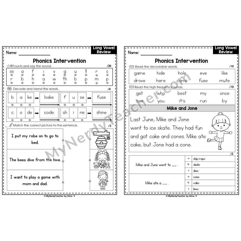 Editable Phonics Intervention Worksheet — Long Vowels Review (Preview)