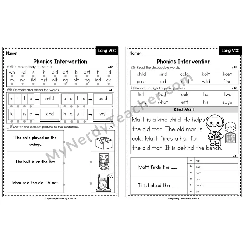 Editable Phonics Intervention Worksheet — Long VCC -ild -old -ind -olt -ost (Preview)