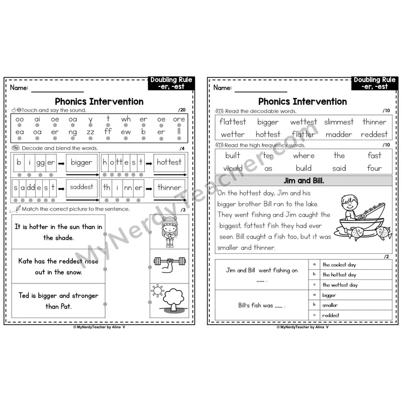 Editable Phonics Intervention Worksheet — Doubling Rule -er, -est (Preview)