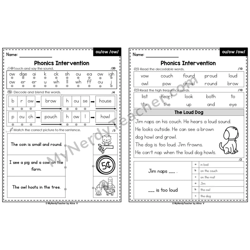 Editable Phonics Intervention Worksheet — Diphthongs - ou / ow /ow/ (Preview)