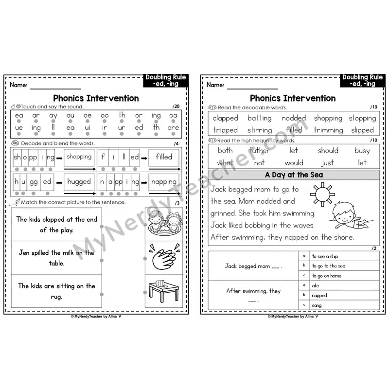Editable Phonics Intervention Worksheet — Doubling Rule -ed, -ing (Preview)