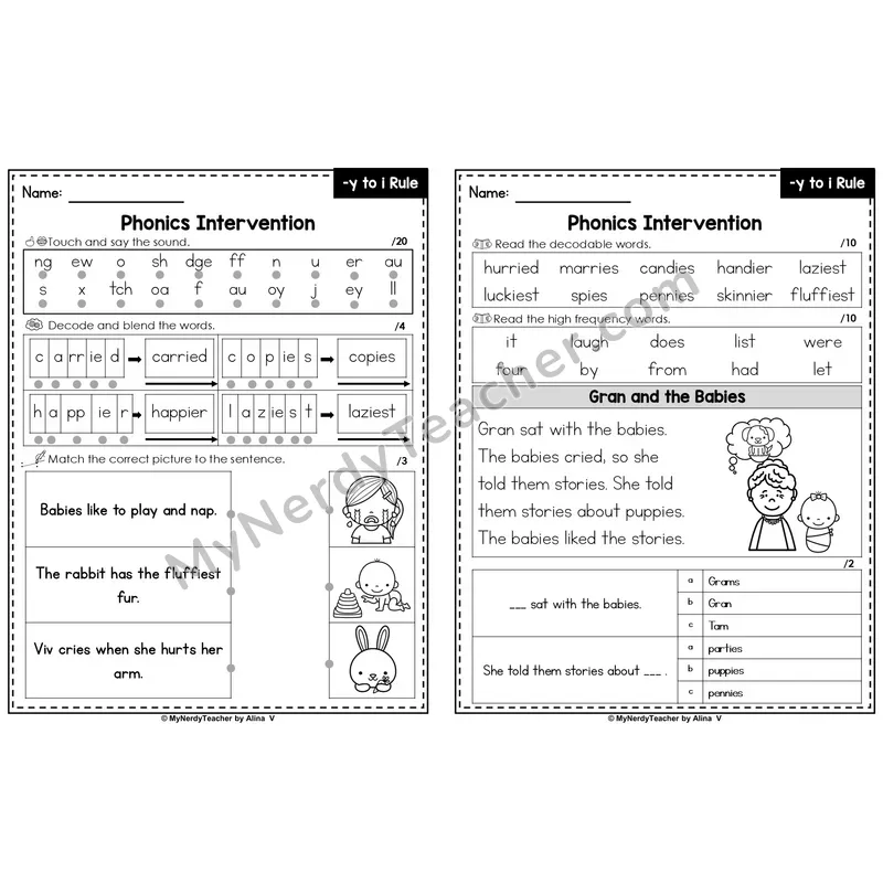 Editable Phonics Intervention Worksheet — y to i Rule (Preview)