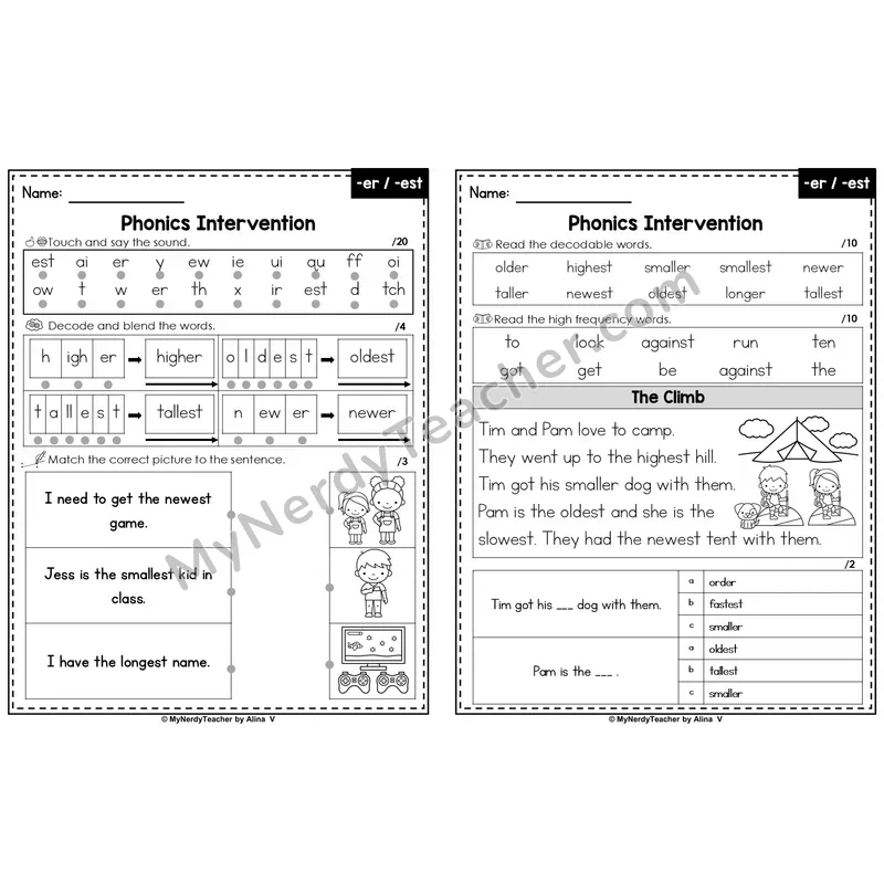 Editable Phonics Intervention Worksheet — -er, -est (Preview)