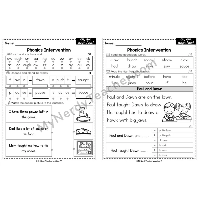 Editable Phonics Intervention Worksheet — Other Vowel Teams - au, aw, augh /aw/ (PowerPoint)