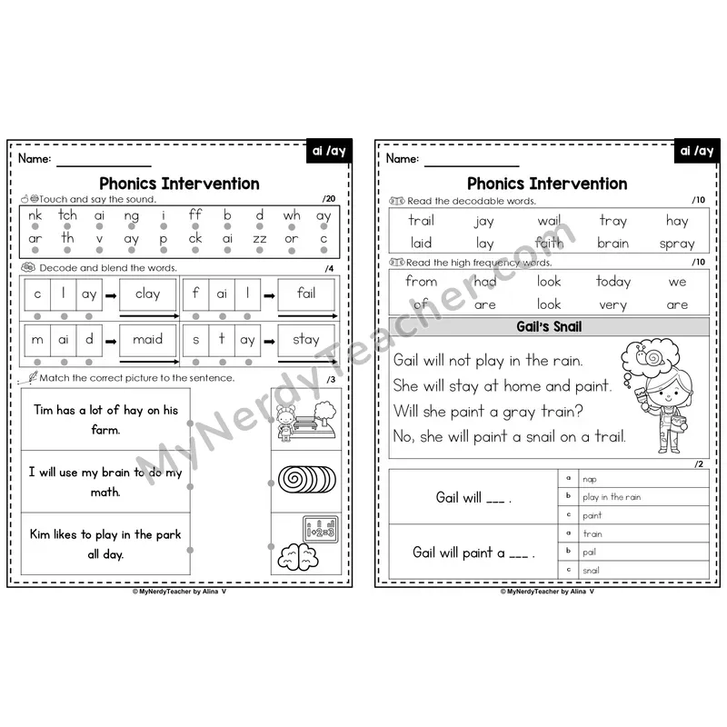 Editable Phonics Intervention Worksheet — Vowel Teams - ai / ay (PowerPoint)