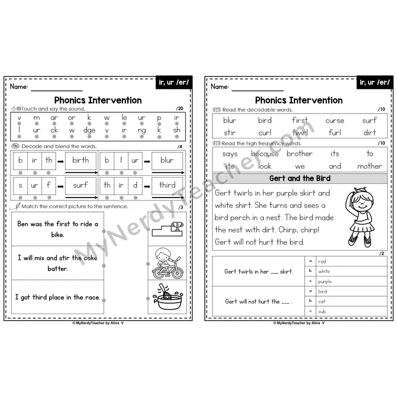 Editable Phonics Intervention Worksheet — ir /er/, ur /er/ (PowerPoint)