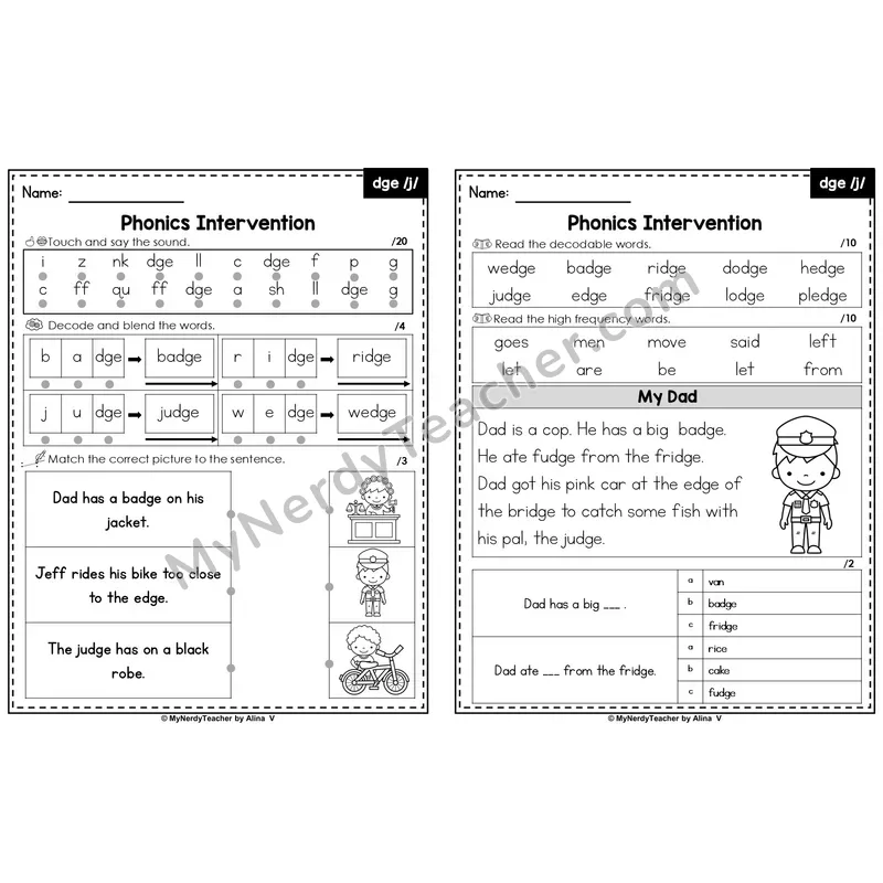 Editable Phonics Intervention Worksheet — dge /j/ (PowerPoint)