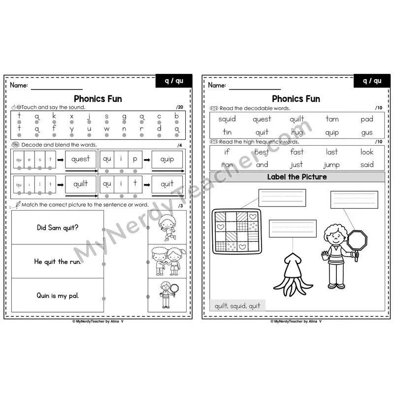 Beginning Sounds Phonics Intervention Worksheet — q / qu (PDF)
