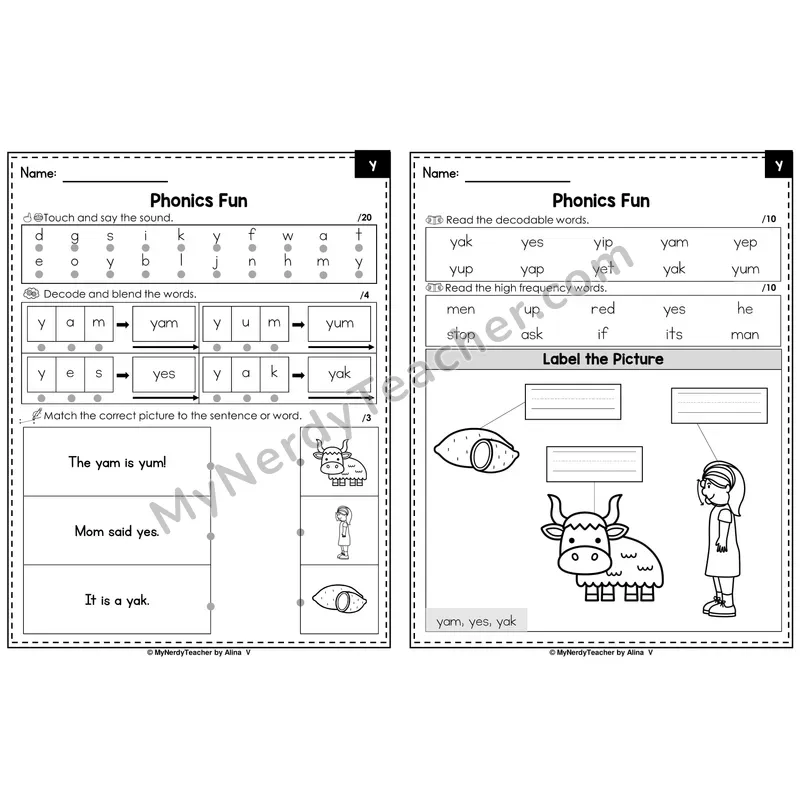 Beginning Sounds Phonics Intervention Worksheet — y (PDF)