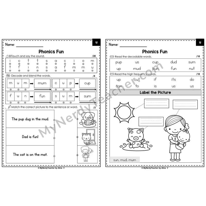 Beginning Sounds Phonics Intervention Worksheet — u (PDF)