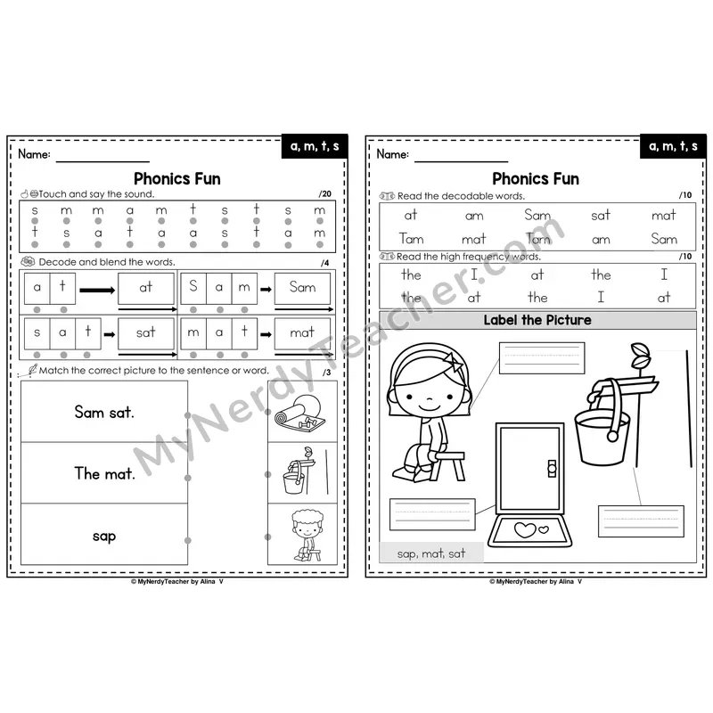 Beginning Sounds Phonics Intervention Worksheet — a, m, t, s (PDF)