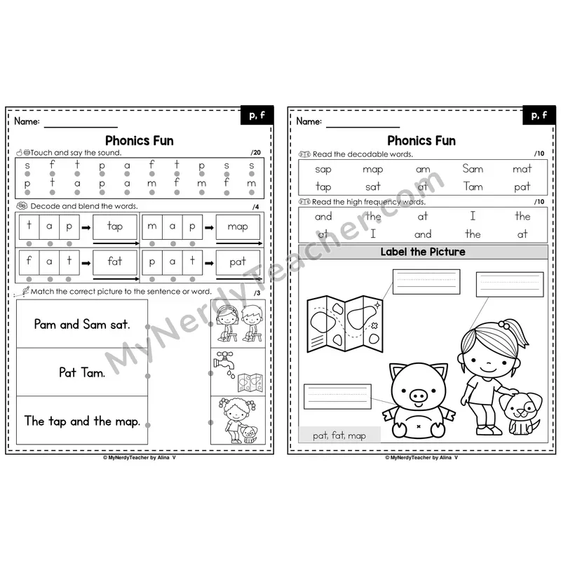 Beginning Sounds Phonics Intervention Worksheet — p, f (Preview)
