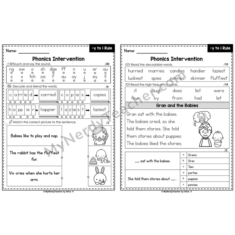 Phonics Intervention Worksheet — y to i Rule (PDF)