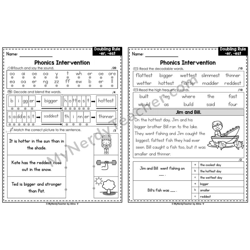Phonics Intervention Worksheet — Doubling Rule -er, -est (PDF)