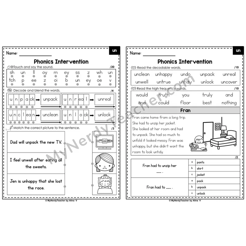 Phonics Intervention Worksheet — un- (PDF)