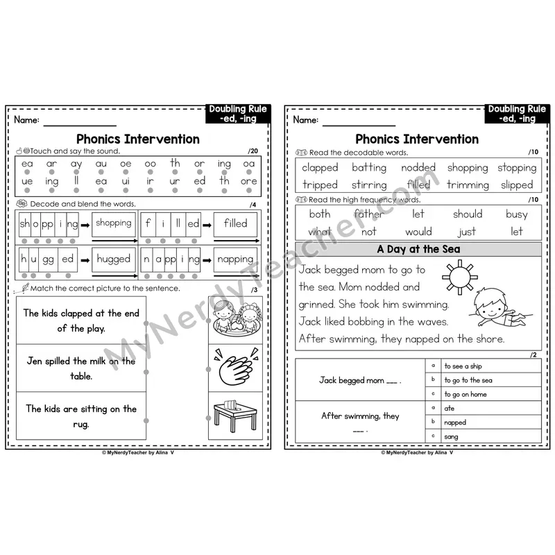 Phonics Intervention Worksheet — Doubling Rule -ed, -ing (PDF)
