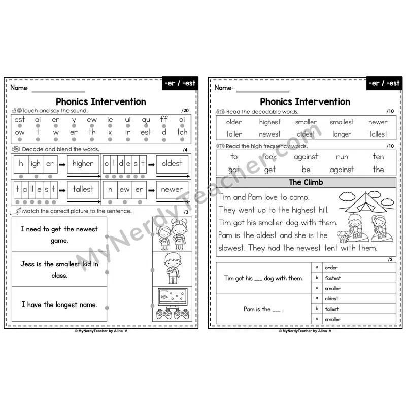 Phonics Intervention Worksheet — -er, -est (PDF)