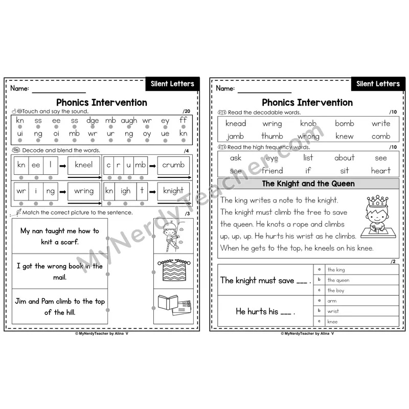 Phonics Intervention Worksheet — kn /n/, wr /r/, mb /m/ (PDF)