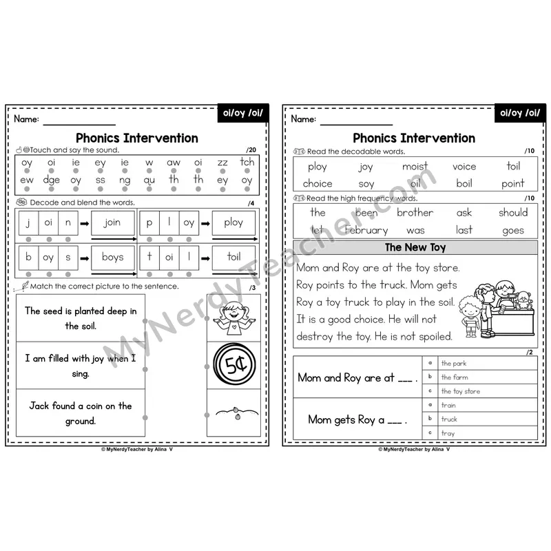 Phonics Intervention Worksheet — Diphthongs - oi / oy /oi/ (Preview)