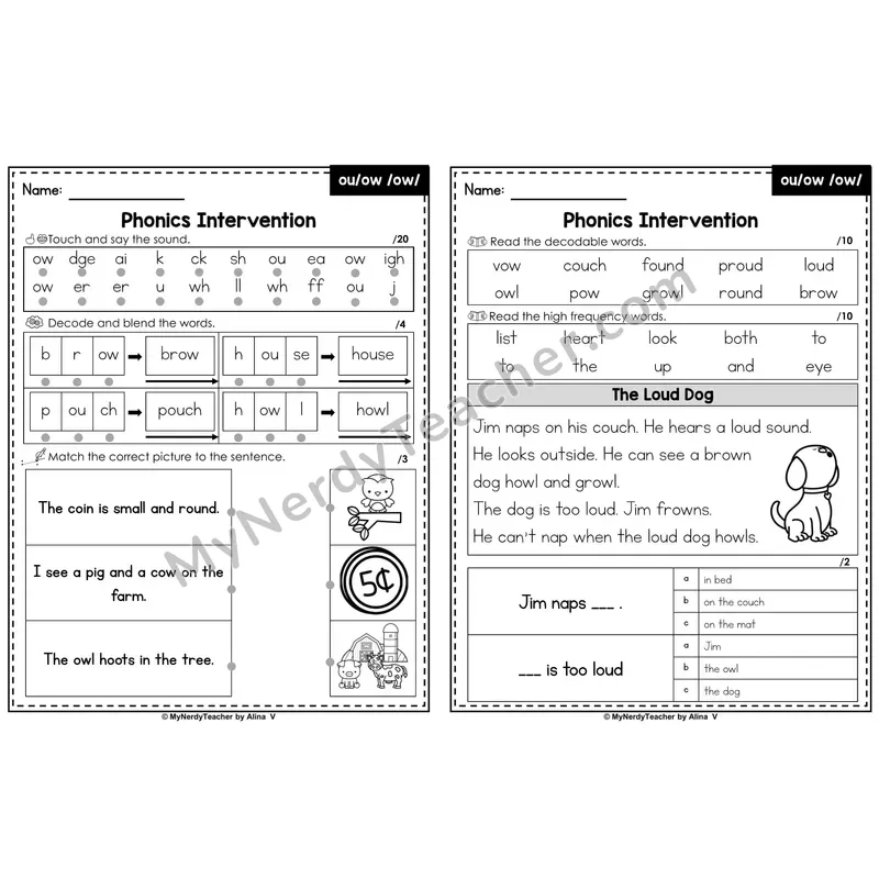 Phonics Intervention Worksheet — Diphthongs - ou / ow /ow/ (PDF)