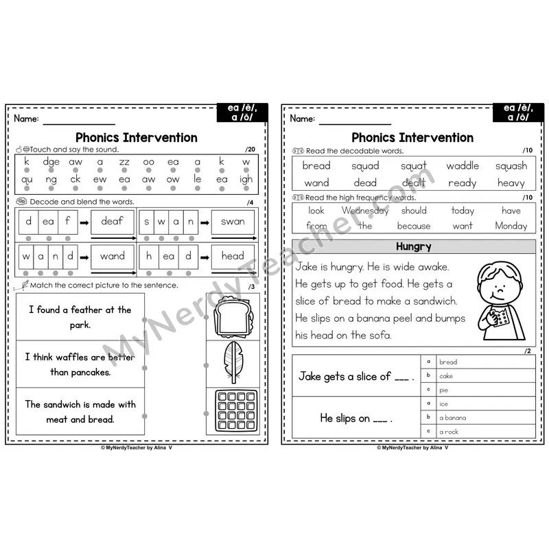 Phonics Intervention Worksheet — Other Vowel Teams - ea /ě/, a /ŏ/ (Preview)