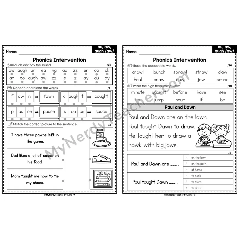 Phonics Intervention Worksheet — Other Vowel Teams - au, aw, augh /aw/ (Preview)