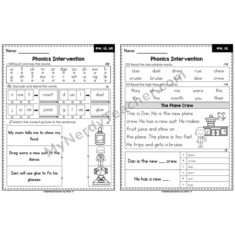 Phonics Intervention Worksheet — Other Vowel Teams - ew, ui, ue /ū/ (Preview)