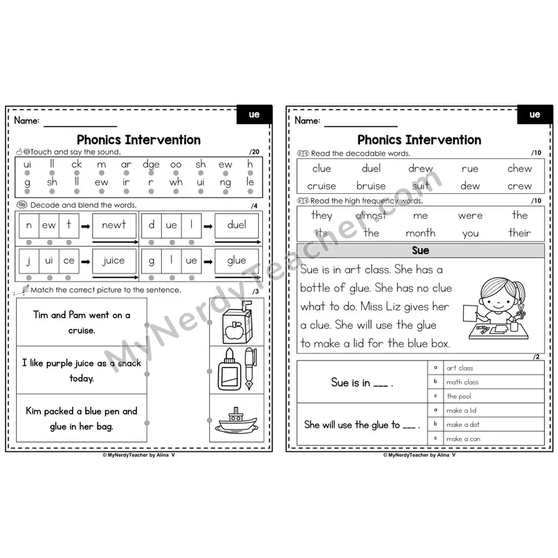 Phonics Intervention Worksheet — Other Vowel Teams - ue (PDF)