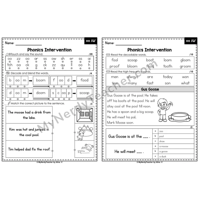 Phonics Intervention Worksheet — Other Vowel Teams - oo /ū/ (Preview)