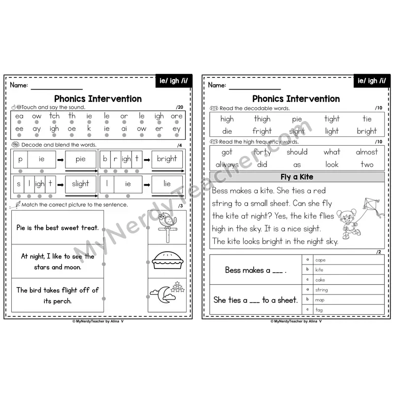 Phonics Intervention Worksheet — Vowel Teams - ie / igh (Preview)