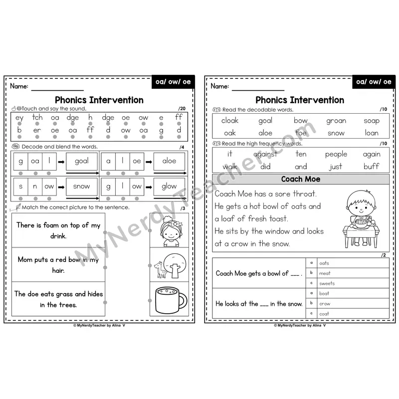 Phonics Intervention Worksheet — Vowel Teams - oa / ow / oe (Preview)