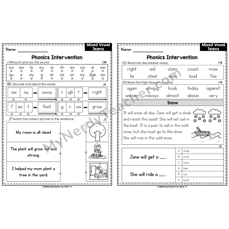 Phonics Intervention Worksheet — Mixed Vowel Teams (PDF)