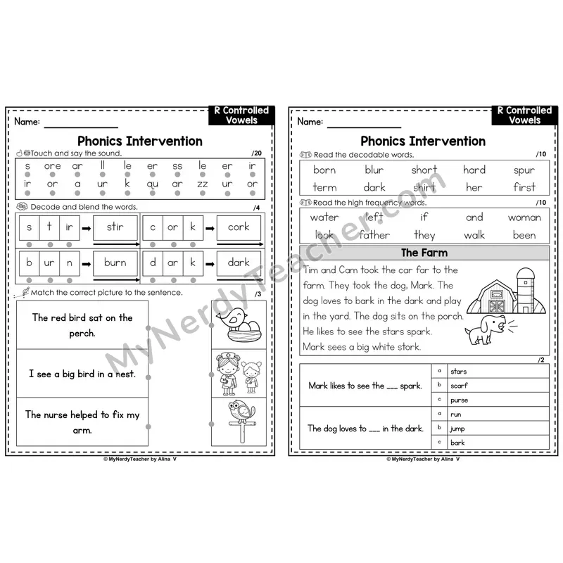 Phonics Intervention Worksheet — R Controlled Vowel (Preview)