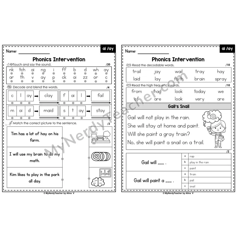 Phonics Intervention Worksheet — Vowel Teams - ai / ay (Preview)