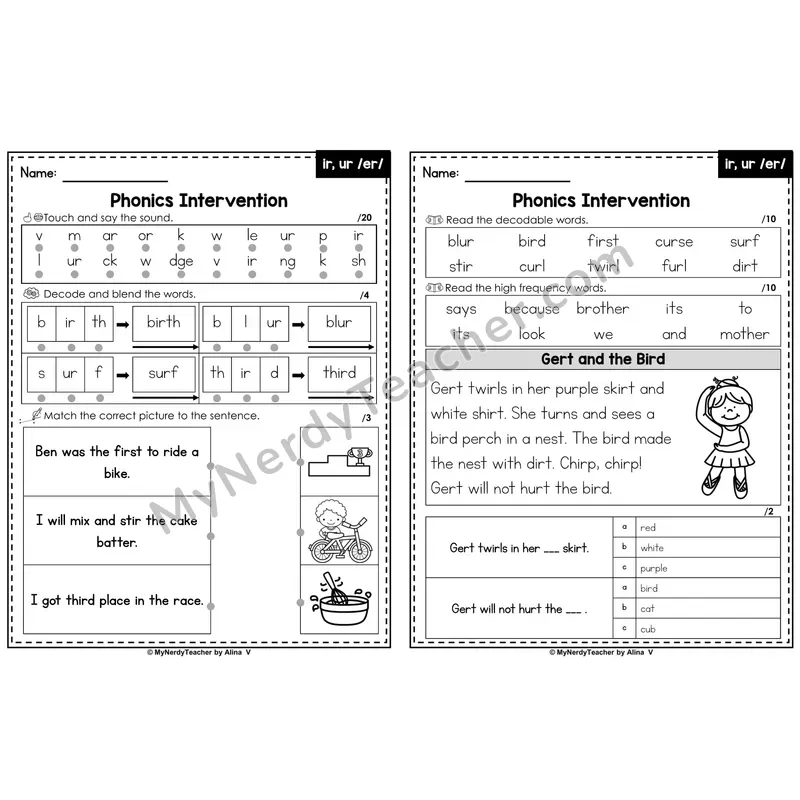 Phonics Intervention Worksheet — ir /er/, ur /er/ (Preview)