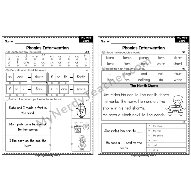 Phonics Intervention Worksheet — or /or/, ore /or/ (Preview)