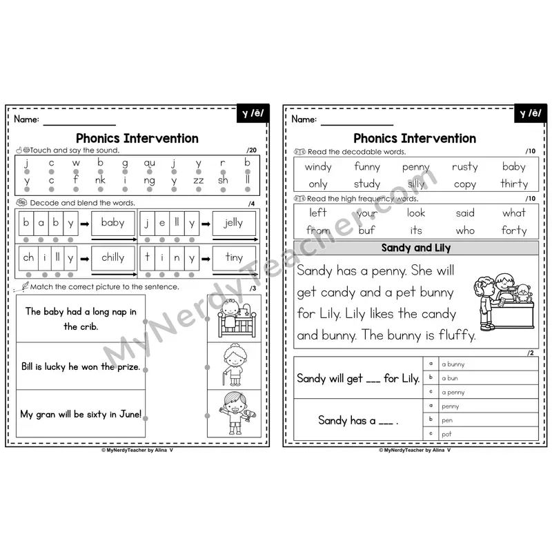 Phonics Intervention Worksheet — y /ē/ (PDF)