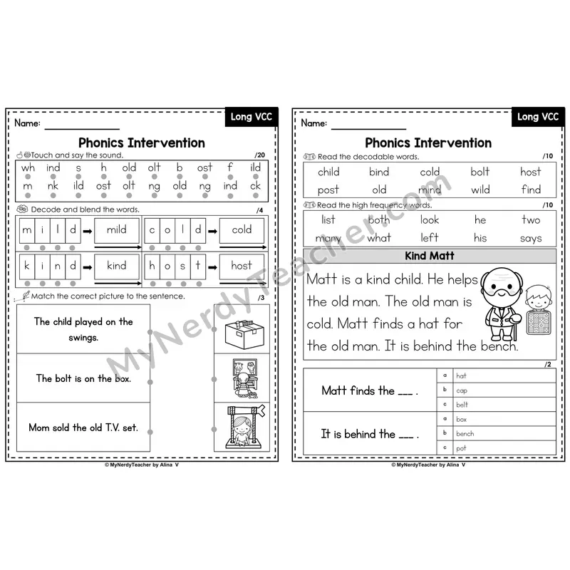 Phonics Intervention Worksheet — Long VCC -ild -old -ind -olt -ost (PDF)