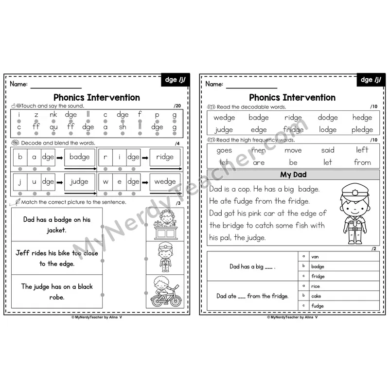 Phonics Intervention Worksheet — dge /j/ (Preview)
