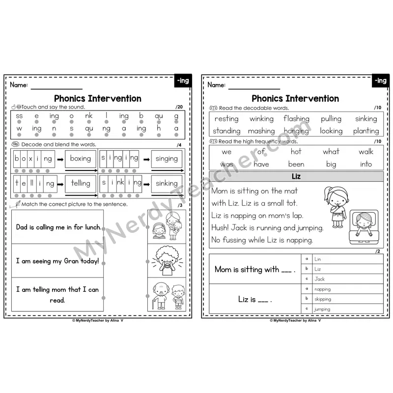 Phonics Intervention Worksheet — -ing (PDF)