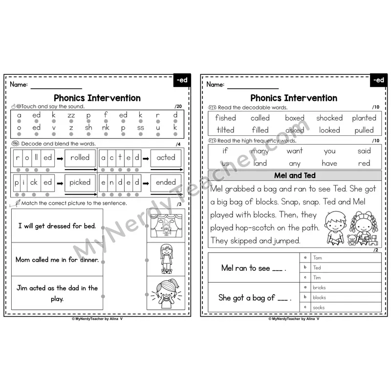 Phonics Intervention Worksheet — -ed /d/ /t/ /ed/ (PDF)