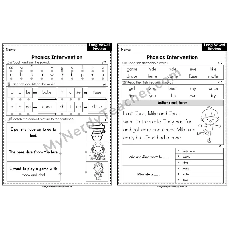 Phonics Intervention Worksheet — Long Vowels Review (Preview)