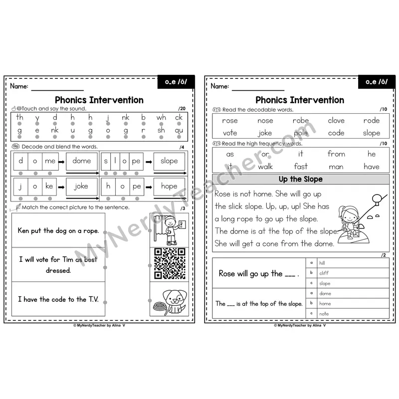 Phonics Intervention Worksheet — o_e /ō/ (Preview)