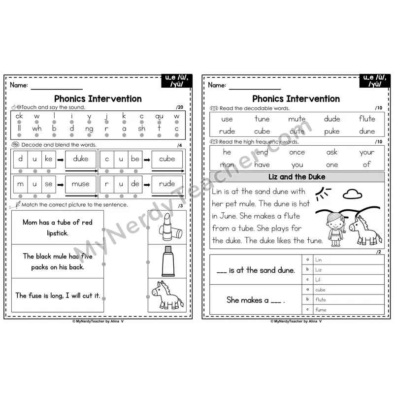 Phonics Intervention Worksheet — u_e /ū/ /yū/ (PDF)
