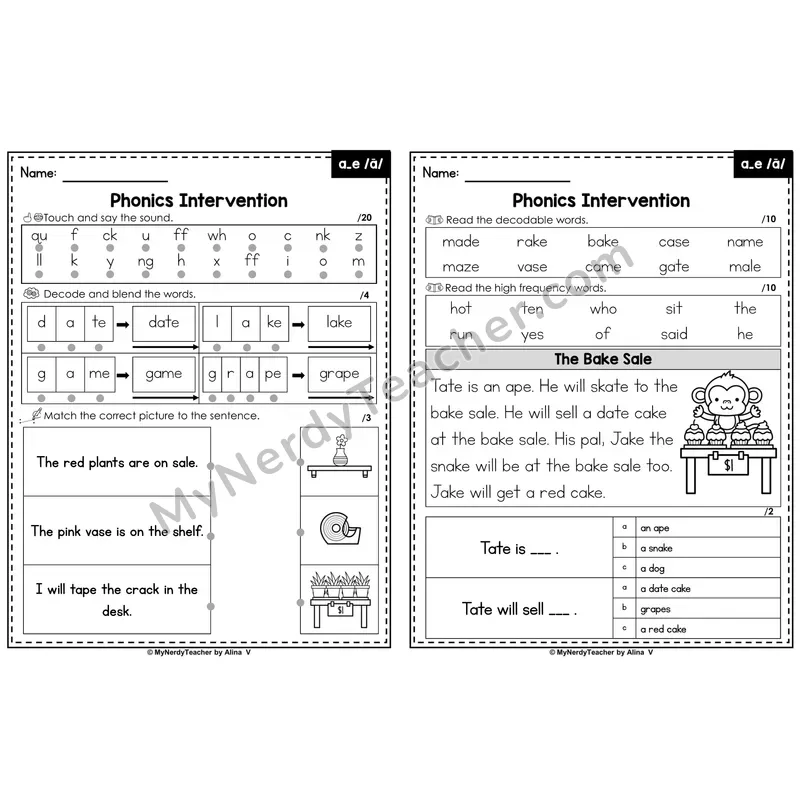 Phonics Intervention Worksheet — a_e /ā/ (PDF)