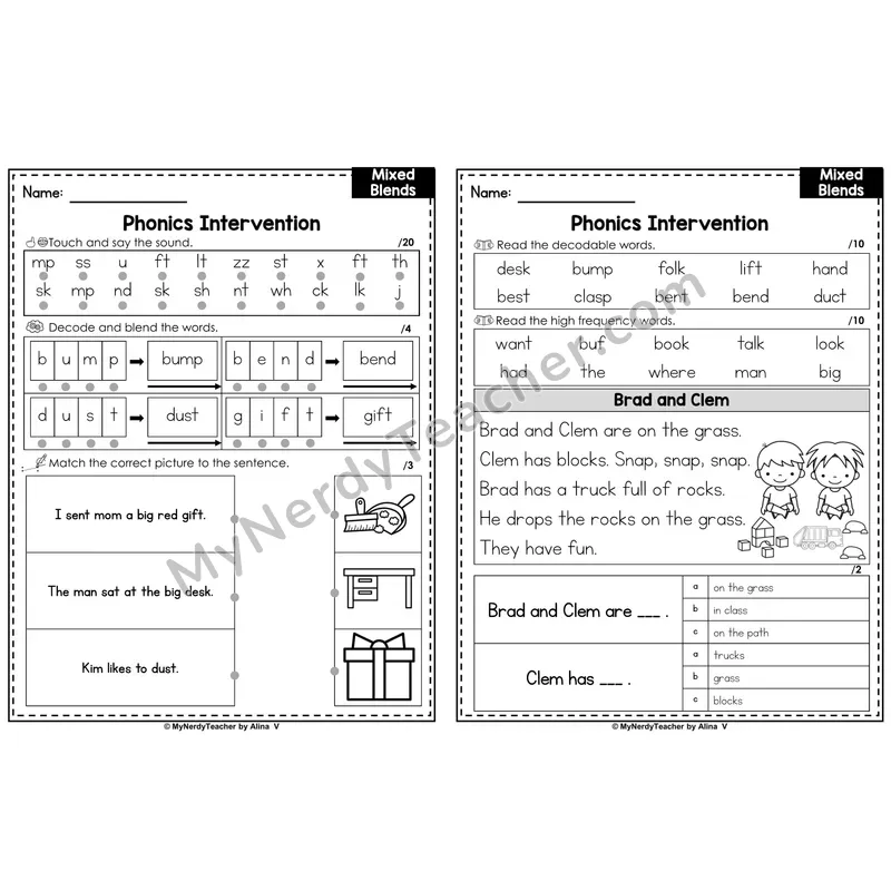 Phonics Intervention Worksheet — Mixed Blends (Preview)