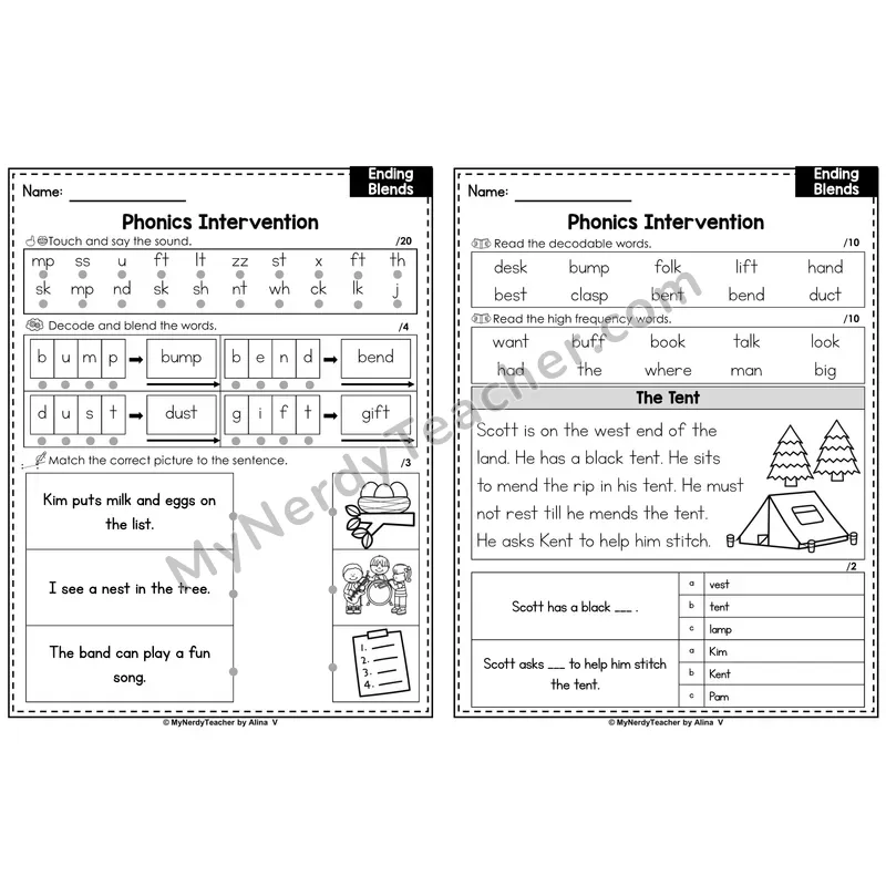 Phonics Intervention Worksheet — Ending Blends (PDF)